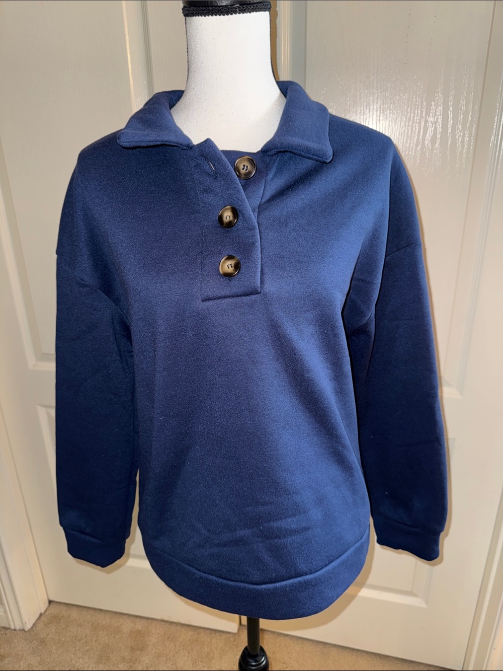 Cozy Navy Button-Front Women's Sweater - Size Medium